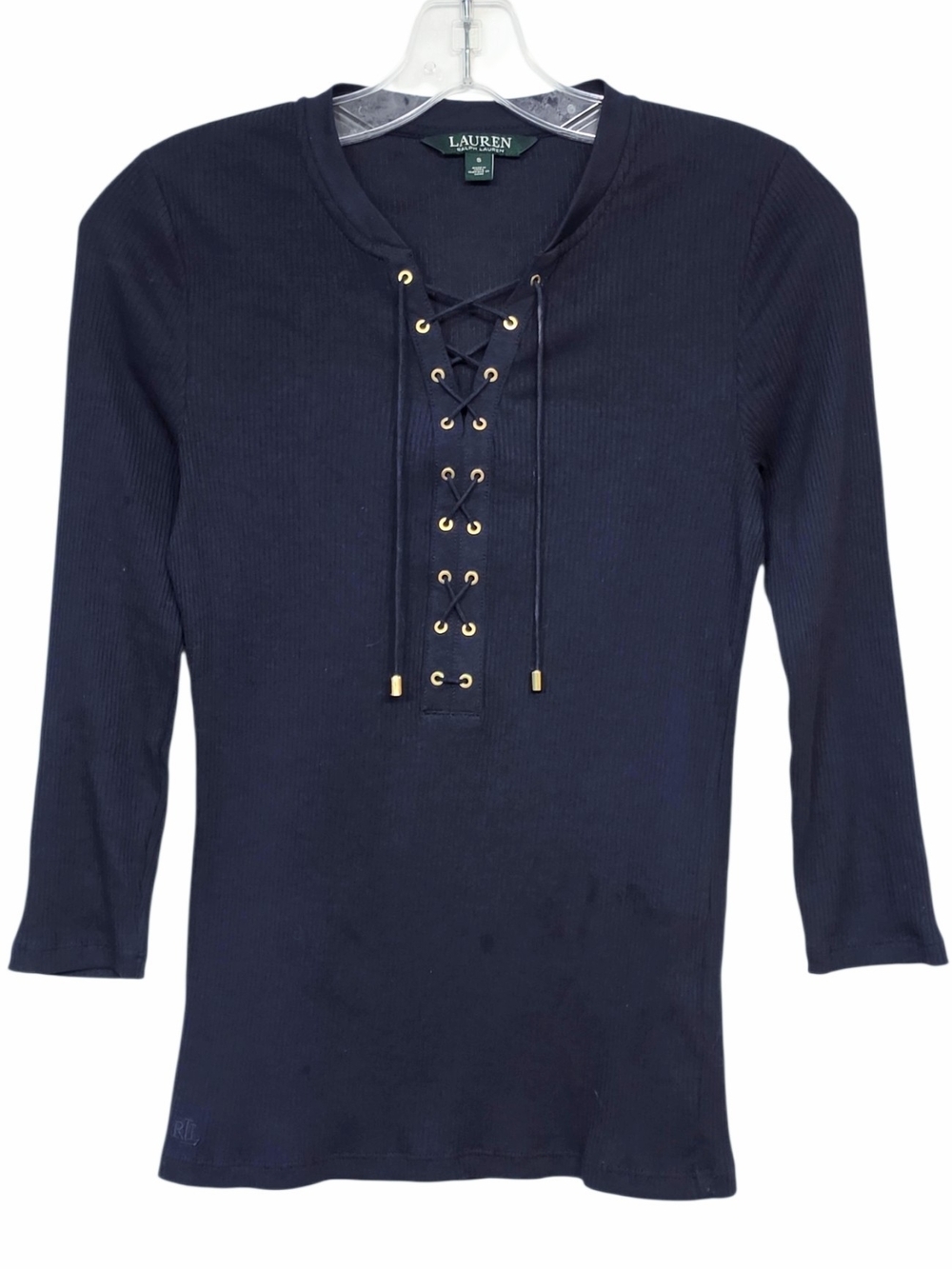Lauren Ralph Lauren Navy Ribbed Lace Up 3/4 Sleeve Top Gold Hardware S